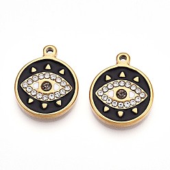 Черный 304 подвески из нержавеющей стали с эмалированными стразами, плоский круглый сглаз, ионное покрытие (ip), реальный 18 k позолоченный, чёрные, 18.5x15x3 мм, отверстие : 1.5 мм
