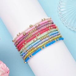 (52) Непрозрачная лаванда 10 Набор эластичных браслетов из стеклянного бисера для женщин, браслеты из латунных круглых бусин, разноцветные, внутренний диаметр: 2.13 дюйм (5.4 см)