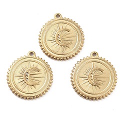 Golden 304 Stainless Steel Pendant Rhinestones Setting, Flat Round with Moon Charm, Golden, 20x18.5x2mm, Hole: 1mm, Fit for 0.8mm rhinestones