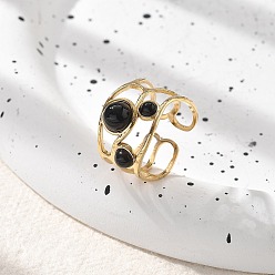 (946F)Морозный цвет внутри  Жонкиль / Непрозрачная зеленая подкладка Натуральный черный агат кольца палец, 304 полые открытые манжеты из нержавеющей стали для женщин, 13 мм, регулируемый