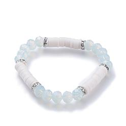 Transparent Stretch-Armbänder, mit polymer clay heishi beads, Imitierte Jade facettierte Glasperlen und Messing Strass Perlen, Transparent, Innendurchmesser: 2-1/4 Zoll (5.7 cm)