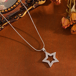 Stainless Steel Color Brass Micro Pave Clear Cubic Zirconia Star Pendant 304 Stainless Steel Round Snake Chain Necklaces for Women, Stainless Steel Color, 15.75 inch(40cm)