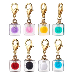 Colorful 8pcs Plastic Pendants Decorations, with Alloy Lobster Claw Clasps, Cube, Colorful, 33.5~34mm