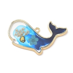Whale Подвески из сплава, эпоксидной смолы и сушеных цветов на тему морской жизни., золотые, темно-синий, очарование кита, 28.5x40x3 мм, отверстие : 2 мм
