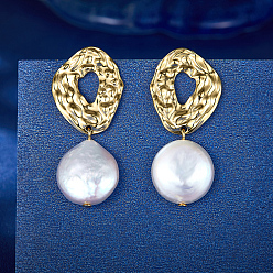 Oro Estilo martillado 925 aretes colgantes de plata de ley, pendientes de perlas naturales, plano y redondo, dorado, 35 mm, colgante: 14 mm de ancho