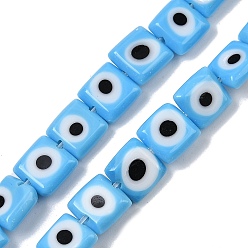 Светло-Голубой Ручной сглаза бусины бисер нитей, квадратный, Небесно-голубой, 7.5~8x7.5~8x3 мм, отверстие : 0.6 мм, около 48 шт / нитка, 14.37~14.53'' (36.5~36.9 см)