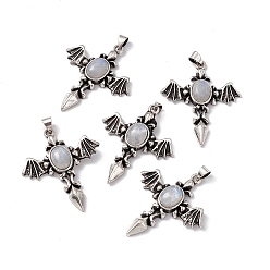 Rainbow Moonstone Подвески из натурального радужного лунного камня, очарование крыла ангела, с фурнитурой из латуни цвета античного серебра, 37x31x5.5~6 мм, отверстие : 4x3 мм