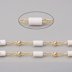 Howlite Handmade Natural Howlite Beaded Chains, Real 18K Gold Plated Plated Brass Chains, Soldered, with Spool, Long-Lasting Plated, 4~5x2~2.5mm, Beads: 2mm, Link: 2x1x0.2mm and 2x1.5x0.2mm, about 32.8 Feet(10m)/roll