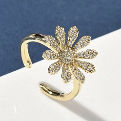 Настоящее золото 18K Открытые кольца манжеты из латуни с микропаве и кубическим цирконием, цветок, долговечный, стойки покрытие, без свинца и без кадмия, реальный 18 k позолоченный, 16x16 мм