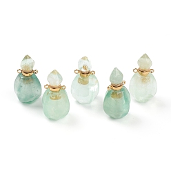 Fluorite Faceted Natural Fluorite Pendants, Openable Perfume Bottle, with Golden Tone Brass Findings, 32~33x17~18x16mm, Hole: 2mm, capacity: 1ml(0.03 fl. oz)
