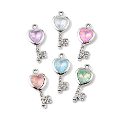 Platinum Alloy Rhinestone Pendants, Key Charms, with Glass, UV Plating, Mixed Color, Platinum, 26x11.5x4.7mm, Hole: 1.8mm