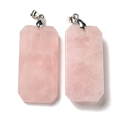 Rose Quartz Natural Rose Quartz Pendants, Faceted Rectangle Charms, with Platinum Plated Brass Snap on Bails, Lead Free & Cadmium Free, 40~41x20~21x6~9mm, Hole: 4.3x3.8mm