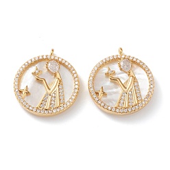 Дева Настоящие 18 k позолоченные латунные подвески с микропаве и прозрачным кубическим цирконием, с оболочкой, долговечный, плоские круглые с созвездием, Дева, 21x18x3 мм, отверстие : 1.8 мм