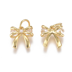 Золотой Латунь прелести, с микропаве из кубического циркония и прыжковыми кольцами, бантом, прозрачные, золотые, 10x10x3.5 мм, отверстие: 3.5 мм
