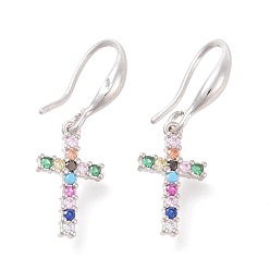 Platinum Brass Micro Pave Cubic Zirconia Dangle Earrings, Cross, Colorful, Platinum, 29mm, Pin: 1mm