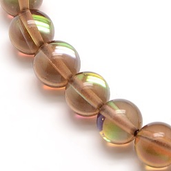 Coffee Synthetic Moonstone Beads Strands, Dyed, Holographic Beads, Half AB Color Plated, Round, Coffee, 8mm, Hole: 1mm, about 49pcs/strand, 15 inch