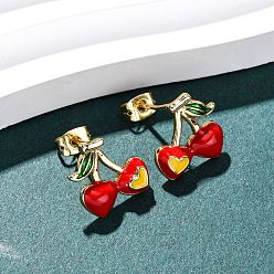Вишня Латунные микро проложить серьги стержня кубического циркония, с эмалью, реальный 18 k позолоченный, вишня, 13x14 мм