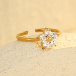 Цветок 304 регулируемые манжеты из нержавеющей стали с прозрачным кубическим цирконием для женщин, золотые, цветок, Цветок: 9.5x9 мм, внутренний диаметр: регулируемый