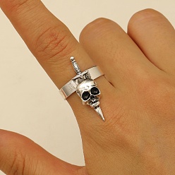 Античное Серебро Регулируемые кольца из сплава на Хэллоуин, череп, античное серебро, внутренний диаметр: 17 мм, Череп: 30x9 mm