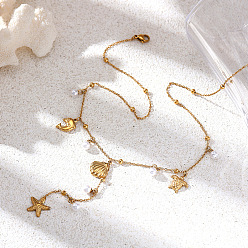 Starfish Ocean 304 Stainless Steel Imitation Pearl Long Tassel Pendant Necklaces for Women, Real 18K Gold Plated, Starfish, 15.35 inch(39cm)