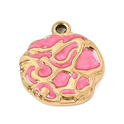 Rosa Caliente 303 colgantes de esmalte de acero inoxidable, encantos planas redondas, revestimiento de iones (ip), dorado, color de rosa caliente, 20x18.5x3 mm, agujero: 1.8 mm