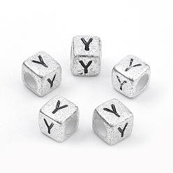 Letter Y Покрытие акриловыми шариками, горизонтальное отверстие, куб с письмом, античное серебро, letter.y, 6 мм, отверстие : 3 мм, Около 3000 шт / 500 г