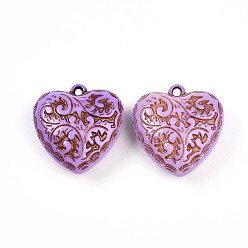 Орхидея Непрозрачные акриловые подвески, сердце с причудливой резьбой, сиреневые, 41~42x39.5x16.5 мм, отверстие : 3 мм