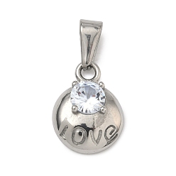 Плоский Круглый 304 из нержавеющей стали горный хрусталь подвески, цвет нержавеющей стали, плоский круглый со словом любовь очарование, 17x12.5x5 мм, отверстие : 7x3 мм