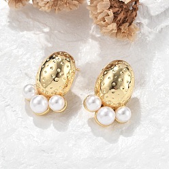 Настоящее золото 18K Овальные серьги-гвоздики из латуни, с ABS имитации жемчуга, без свинца и без кадмия, долговечный, стойки покрытие, реальный 18 k позолоченный, 25x18 мм