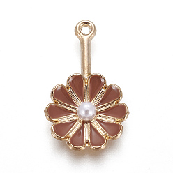 Коричневый Подвески из эмали и сплава, с акриловой имитация жемчуга, цветок, золотой свет, коричневые, 26x16x5 мм, отверстие : 1.4 мм
