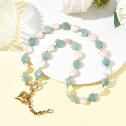 Golden Natural Amazonite & Keshi Pearl Coin Beaded Necklaces for Women, with 304 Stainless Steel Hear Pendants & Toggle Clasps, Golden, 17.72 inch(45cm)