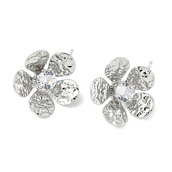 Платина Фурнитура для сережек-гвоздиков из цветочной латуни с микропаве из кубического циркония, без кадмия, без никеля и без свинца, платина, 17x17 мм, отверстие : 1.2 мм