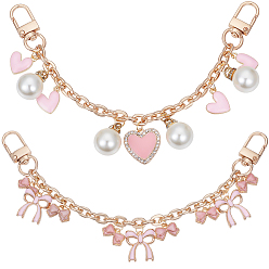 Light Gold 2Pcs 2 Styles Pink Zinc Alloy Enamel Bowknot Heart Charm Cable Chain Purse Chains, with Alloy Swivel Clasps, Light Gold, 205~210mm, 1pc/style
