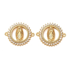 Real 18K Gold Plated Brass Micro Pave Clear Cubic Zirconia Connector Charms, Flat Round with Virgin Mary Links, Rack Plating, Long-Lasting Plated, Cadmium Free & Lead Free, Real 18K Gold Plated, 20x25x3mm, Hole: 1.2mm
