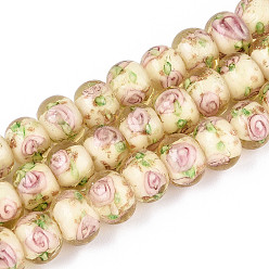 Светлый Золото-желтый Нити бусин-рондель с внутренним цветком ручной работы в технике лэмпворк, с золотой порошок, светлый золотарник желтый, 8~10x10~11 мм, отверстие : 0.9~1.4 мм, около 35 шт / нитка, 10.83~11.42'' (27.5~29 см)