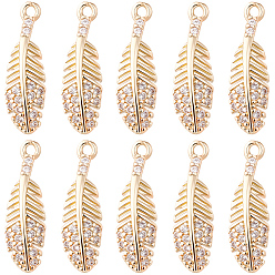 Clear 20Pcs Brass Micro Pave Cubic Zirconia Pendants, Light Gold, Long-Lasting Plated, Cadmium Free & Lead Free, Feather, Clear, 17x5x2.5mm, Hole: 1mm