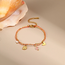 Настоящее золото 18K 304 браслеты с подвесками из звеньев цепи из нержавеющей стали, плетеные браслеты из полиэфирного шнура для женщин, форма ракушки и сердце, с пластиковой жемчужины, без кадмия, без никеля и без свинца, ионное покрытие (ip), реальный 18 k позолоченный, 6-1/2 дюйм (16.4 см)