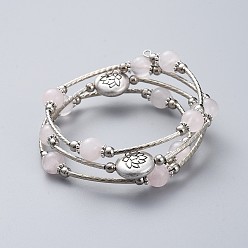 Rose Quartz Three Loops Wrap Bracelets, with Natural Rose Quartz Beads, Flat Round with Lotus Alloy Beads, Round Iron Spacer Beads, Brass Tube Beads and Burlap Bag, 2 inch(5.2cm)
