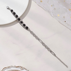 Black Onyx Браслеты из круглых бусин натурального черного оникса, 304 Браслеты из нержавеющей стали с панцирным плетением и звеньями Cahin для женщин, 6.81 дюйм (17.3 см)