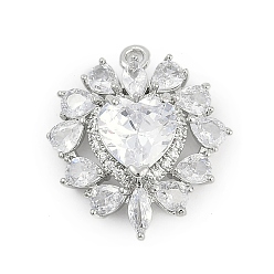 Платина Латунные подвески, сердце прелести, со стеклом, платина, 22x19x7 мм, отверстие : 1.6 мм