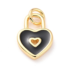 Черный Латунь эмаль подвески, без кадмия и без свинца, долговечный, сердце замок, реальный 18 k позолоченный, чёрные, 13x9x1.5 мм, отверстие : 3.4 мм