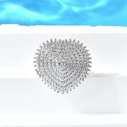 Платина Латунные микро проложить манжеты кольца кубического циркония, сердце, открытые кольца для женщин, без кадмия и без свинца, платина, 26x27 мм, внутренний диаметр: 17 мм