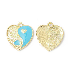 Cyan Alloy Enamel Pendants, Heart with Yin Yang Charm, Golden, Cyan, 17x15x1.6mm, Hole: 1.8mm