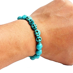 Skull Эластичные браслеты из бисера из натуральной бирюзы для мужчин и женщин, череп, 5-7/8~6-1/4 дюйм (15~16 см)