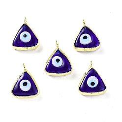 Midnight Blue Handmade Lampwork Pendants, with Eco-friendly Light Gold Brass Edge & Loop, Long-Lasting Plated, Cadmium Free & Lead Free, Triangle with Evil Eye Charm, Midnight Blue, 17x14x5mm, Hole: 2mm