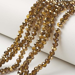 Dark Goldenrod Electroplate Transparent Glass Beads Strands, Half Golden Plated, Faceted, Rondelle, Dark Goldenrod, 4x3mm, Hole: 0.4mm, about 113~115pcs/strand, 41~42cm