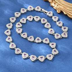 Platino Collares de tenis con forma de corazón, pavé de latón y circonitas cúbicas rosas., sin plomo y cadmio, chapado en rack, larga duración plateado, Platino, 17.72 pulgada (45 cm)