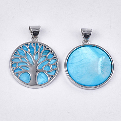 Deep Sky Blue Freshwater Shell Pendants, with Alloy Findings, Dyed, Flat Round with Tree of Life, Platinum, Deep Sky Blue, 37.5x33.5x3mm, Hole: 6x8.5mm