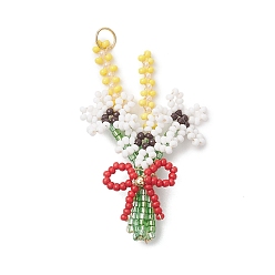 Белый 3букет из стеклянных бисера с подвесками-бантиками, с открытыми пружинными кольцами из нержавеющей стали 304, золотые, белые, 54.5x33.5x8 мм, отверстие : 5 мм