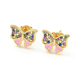 Pink Bowknot Golden Brass Stud Earrings, with Enamel and Cubic Zirconia, Pink, 10x12.5mm